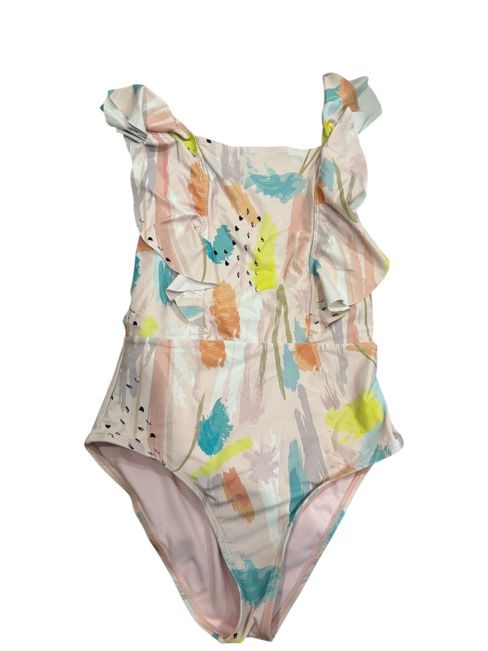 Girls Ruffle One-Piece Swimsuit in Pastel Brushstroke Colors